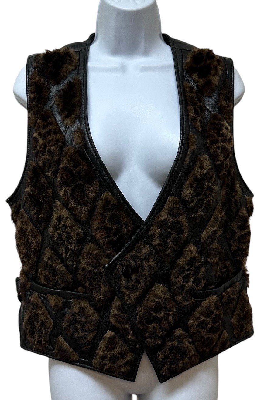 Vintage Lamb Skin Fur Moto Leather Double Breasted Vest Diamond Patchwork SZ 38