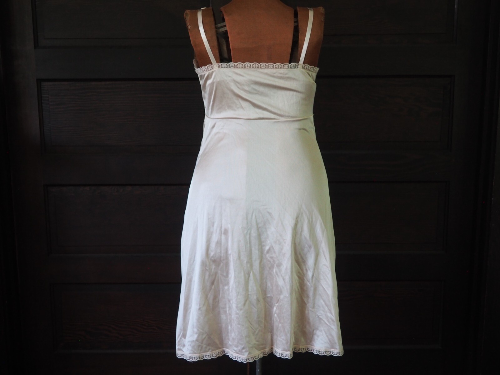 VTG 60s 70s Sears Cappuccino Plunge Neck Satin Lingerie Midi Slip Dress Sz 38