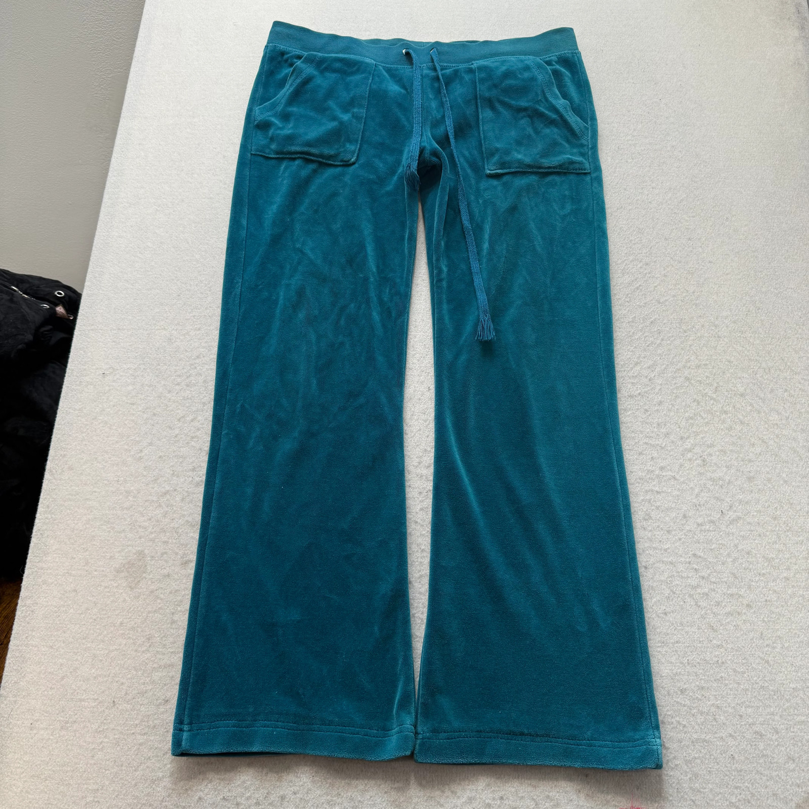Vintage Juicy Couture Women’s Dark Teal Velour Flared Track Pants Pockets Size L