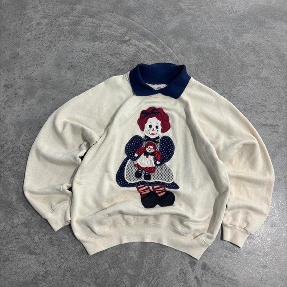 Vintage 90s Hanes Doll Appliqué Sweatshirt Made in USA Cotton Acrylic Women’s L