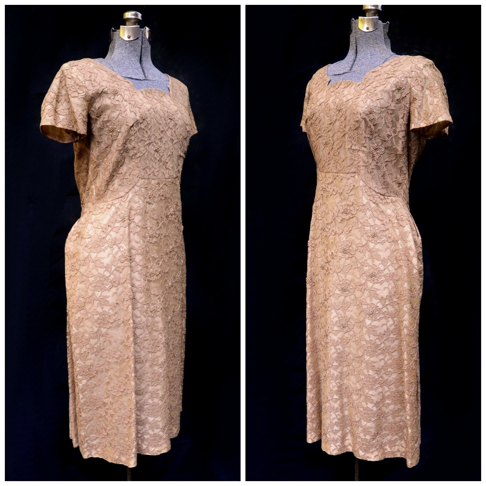 VTG 50s 60s Normal Original Sable Lace & Taffeta Party Prom Dress S/M Beading