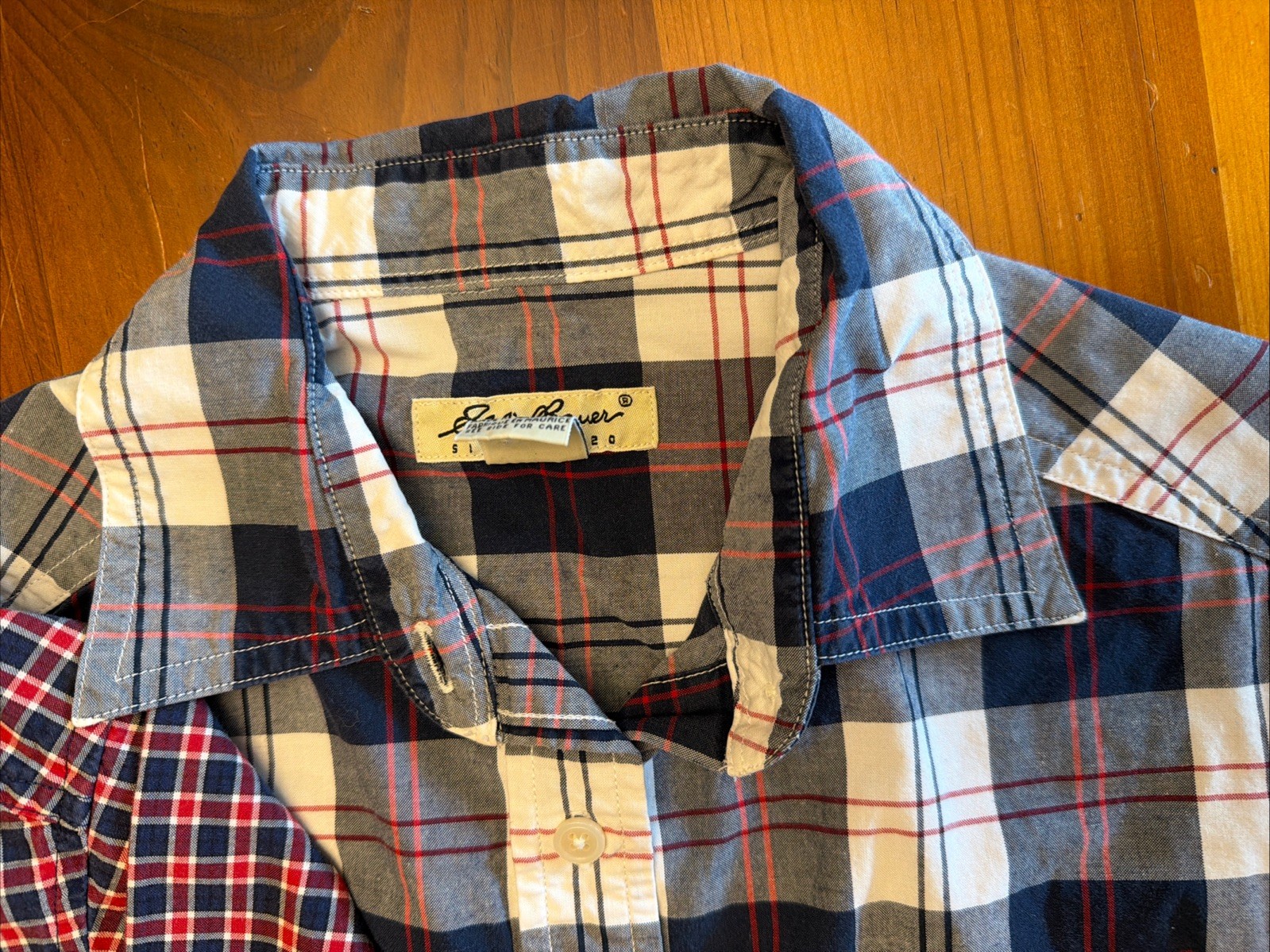 Vintage Women’s Eddie Bauer Button Plaid Shirts- Red White & Blue XS/XP Lot Of 2