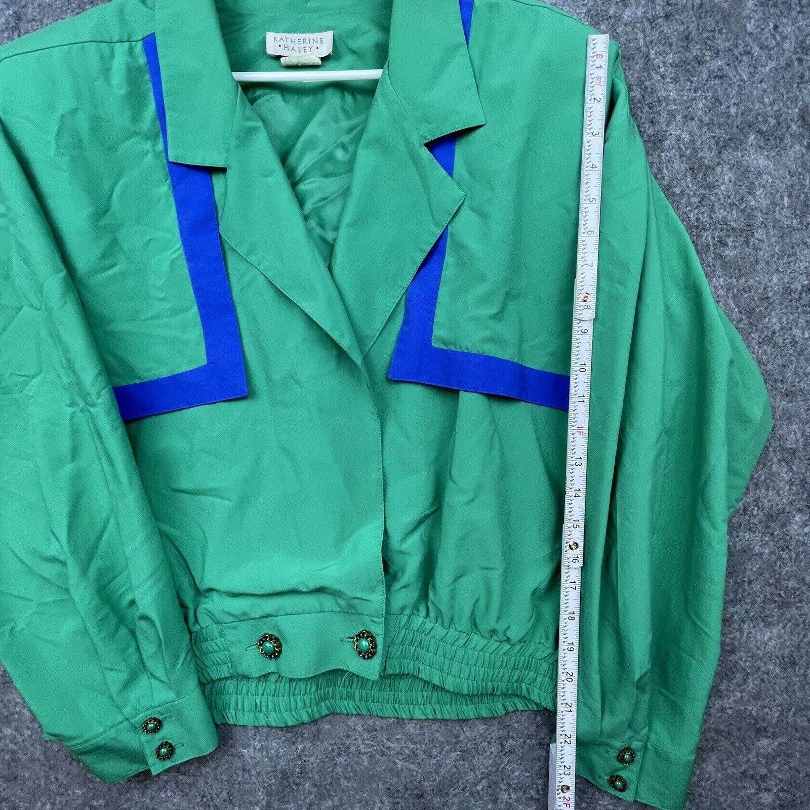 Vintage Katherine Haley Blouse Womens 13/14 Green Blue Jacket Retro Banded Waist