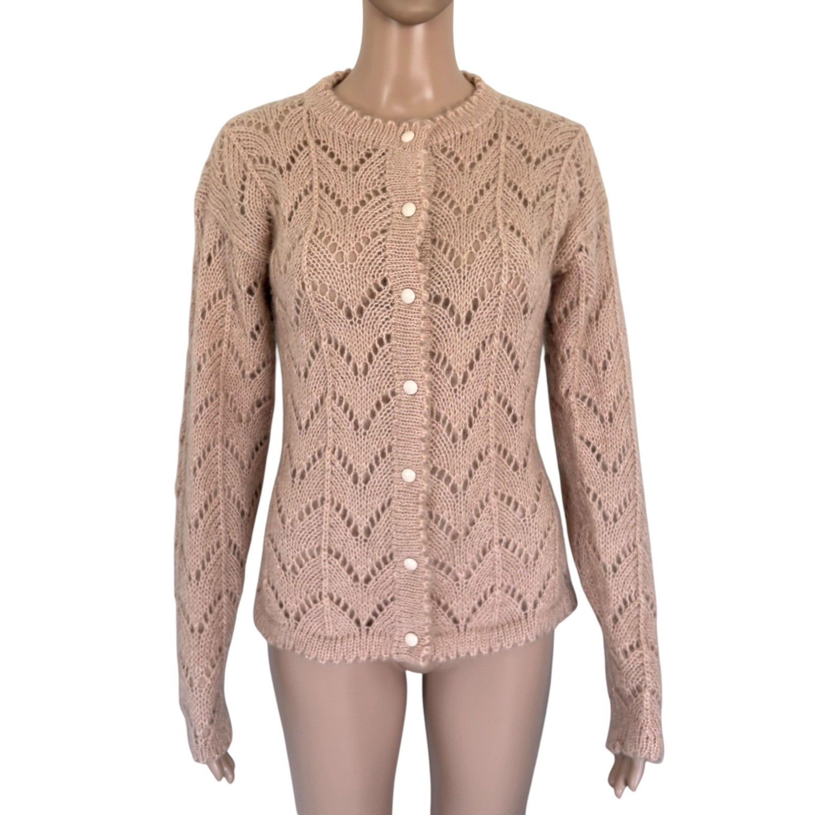 JG Hook Vintage Mohair Blend Pointelle Chevron Knit Cardigan Sweater Tan Pink S
