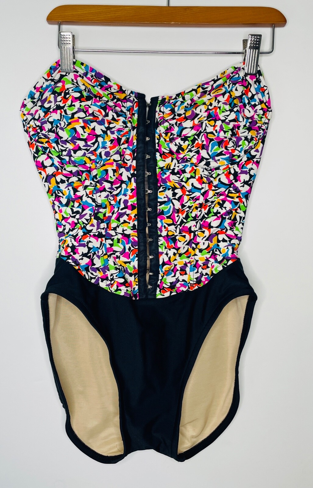 VTG SLIM SUIT PINK BLACK GRAPHIC ONE PIECE CORSET FRONT HIGH LEG SWIMSUIT*XS/S