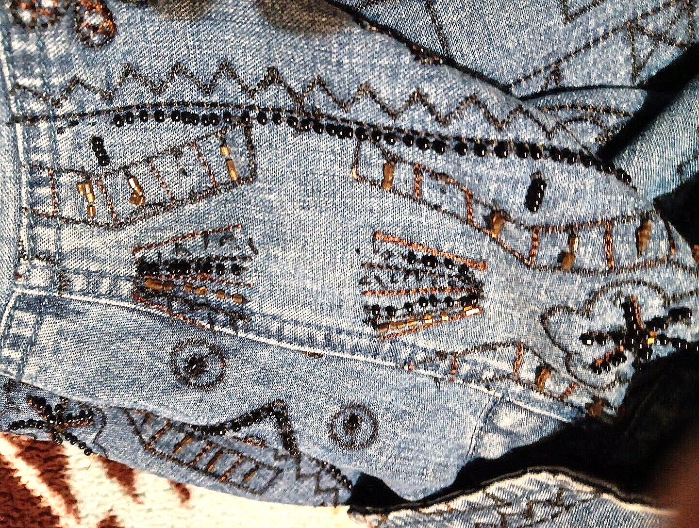 Vtg Chico’s Design BOHO Denim Beaded Jacket SILK Lined Hand-beaded Sz LG