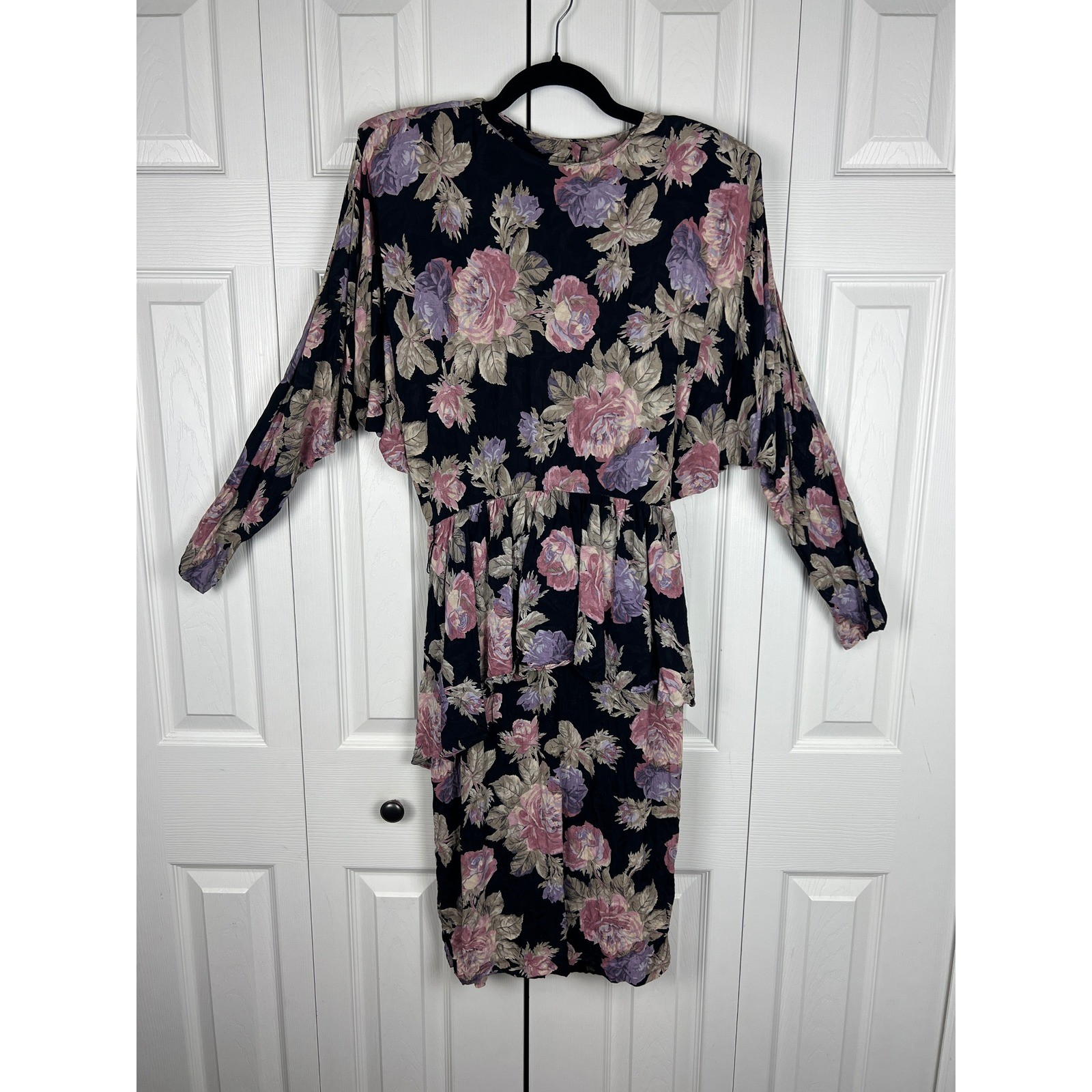 Vintage 80s Regina Kravitz Floral Peplum Midi Dress Open Back Romantic M 8/10