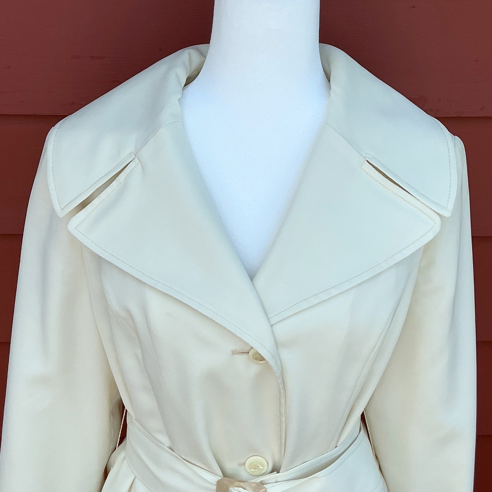 Vintage 70s Betty Rose Ivory Belted Rain Coat Womens M Jackie O Mod Trench USA
