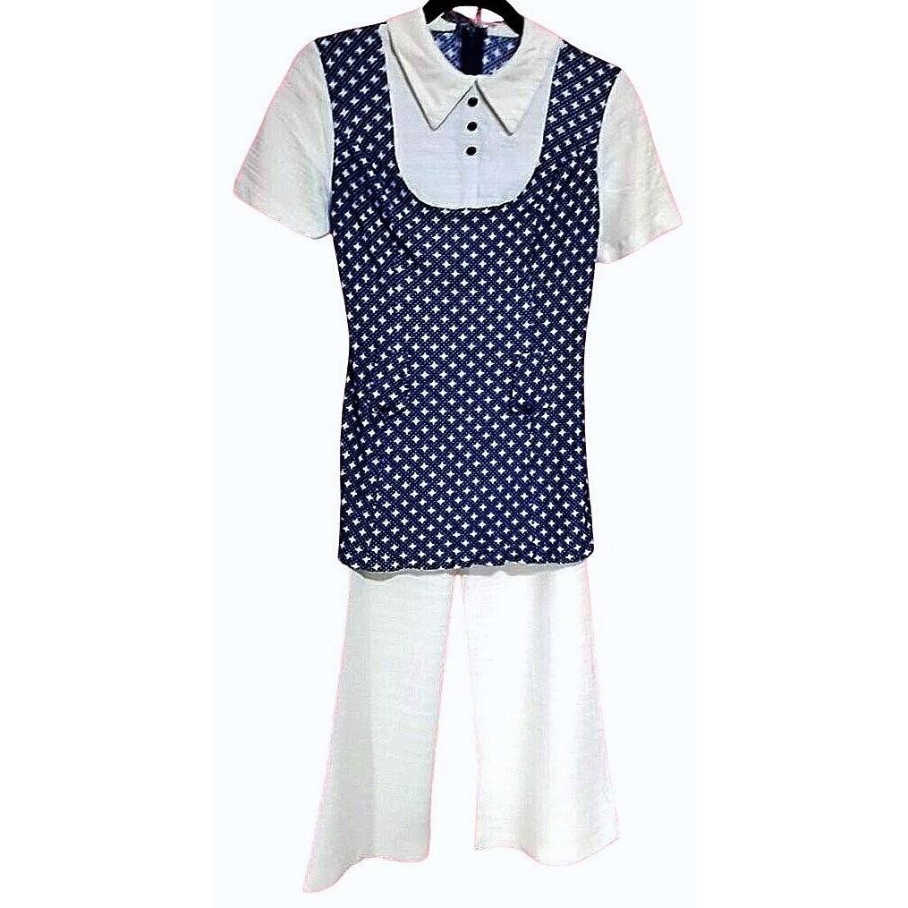 Retro Vintage 70s Geometric Star Tunic Pant Set Womens Small Navy White Mod