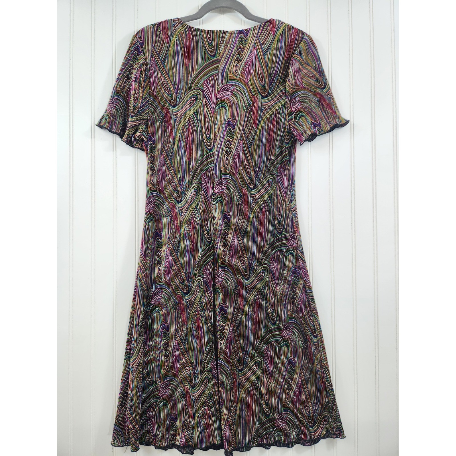 Vintage Sharade of CA Psychedelic Swirl Ribbed Midi Dress 14P Multicolor Sheer