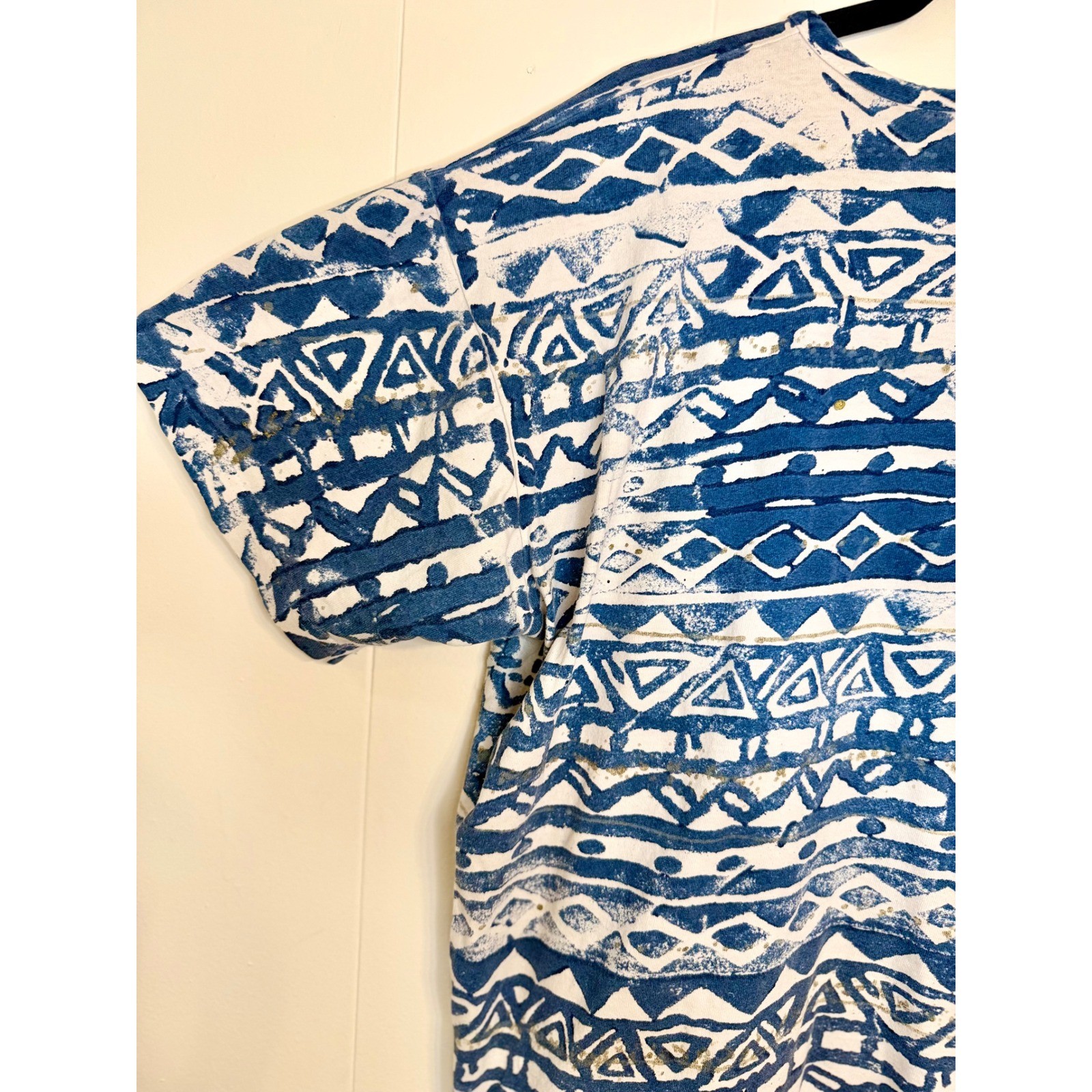 90s Vintage XL Boxy Cotton Retro Geometric Block Print Blue Purple Green Kidcore