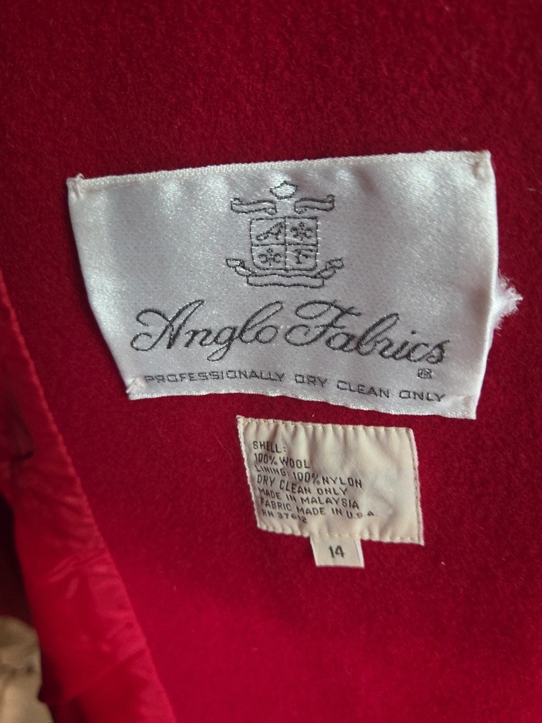 Vintage Central Park 100% Red Wool Anglo Fabrics SZ 14 Long Duster Jacket USA