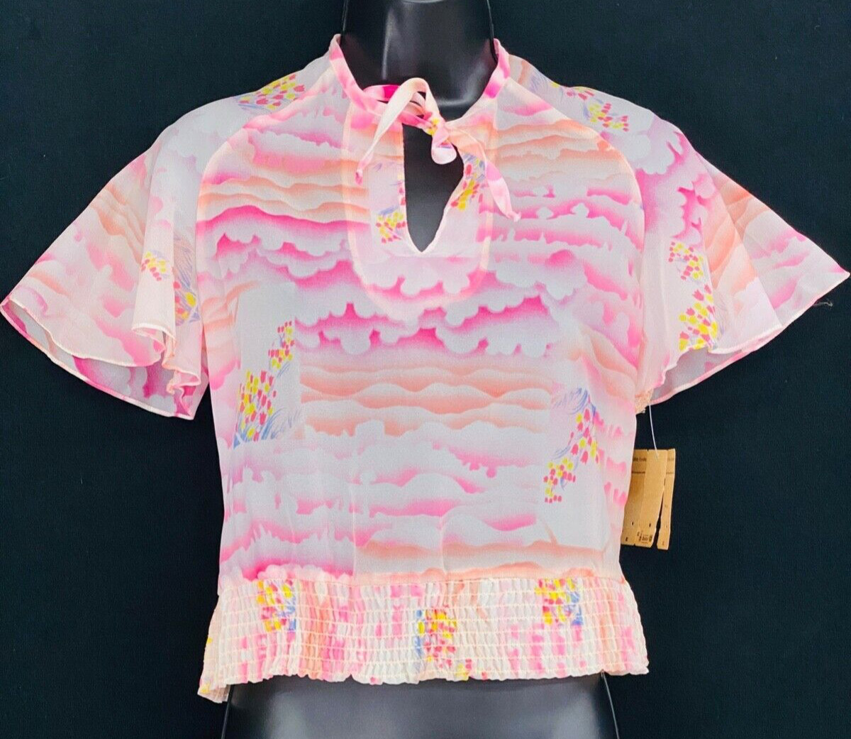 Vintage 1970s pink deadstock shirt flutter sleeve sheer pullover crop top blouse