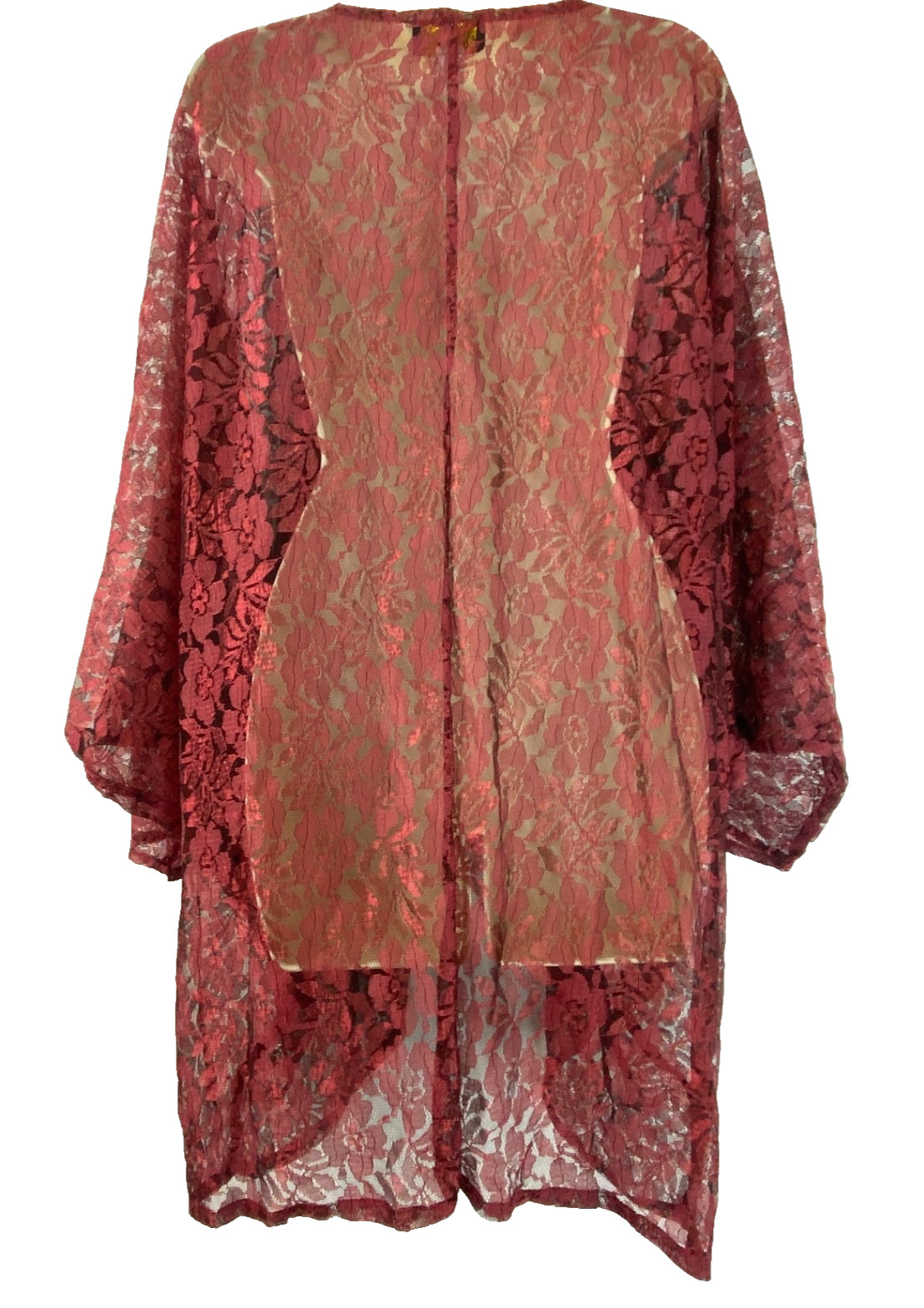 Vintage 1990s burgundy lace MARY MCFADDEN kimono open front top pink red sheer