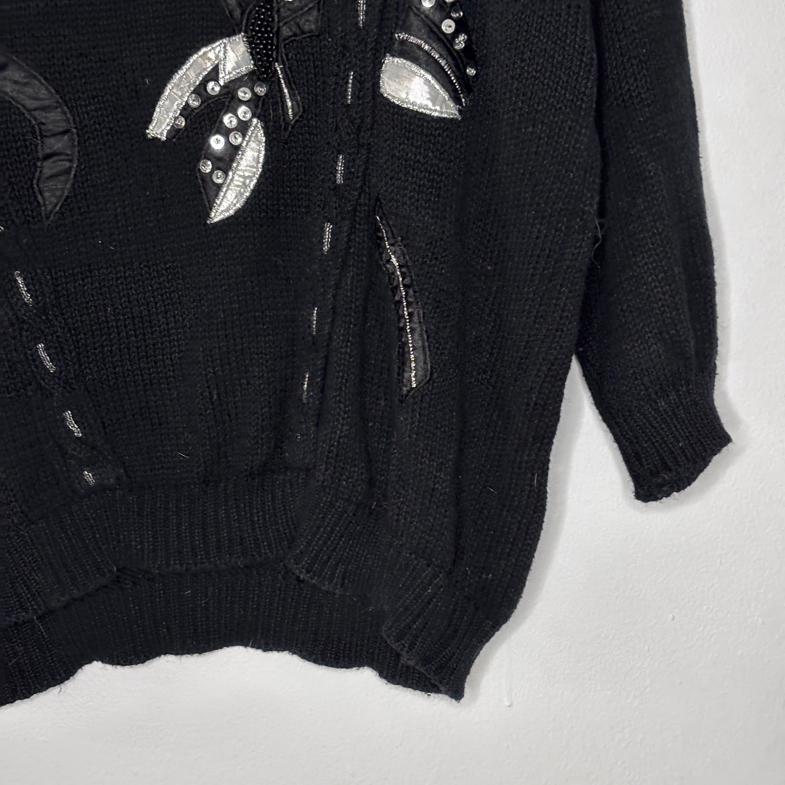 Vintage 1980s Shenanigans Black Sweater Appliqué Embroidery Beaded Mod Large
