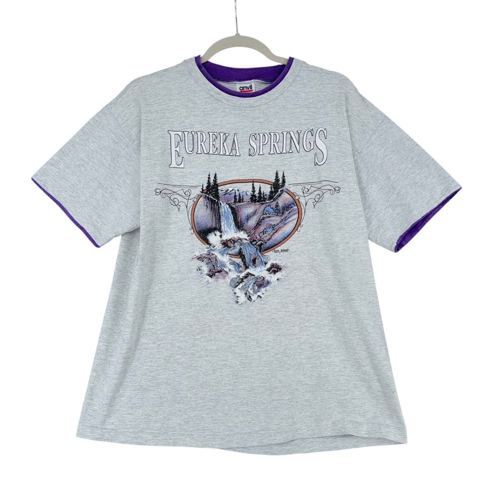 Anvil Eureka Springs Graphic T Shirt Womens Large Gray Purple Waterfall 1991