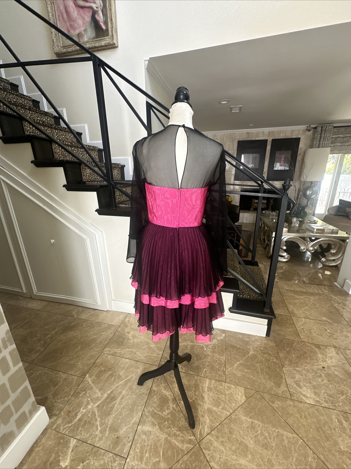 Guy Laroche 80s Pink Moire & Black Chiffon Corseted Tiered Pleated Dress 40