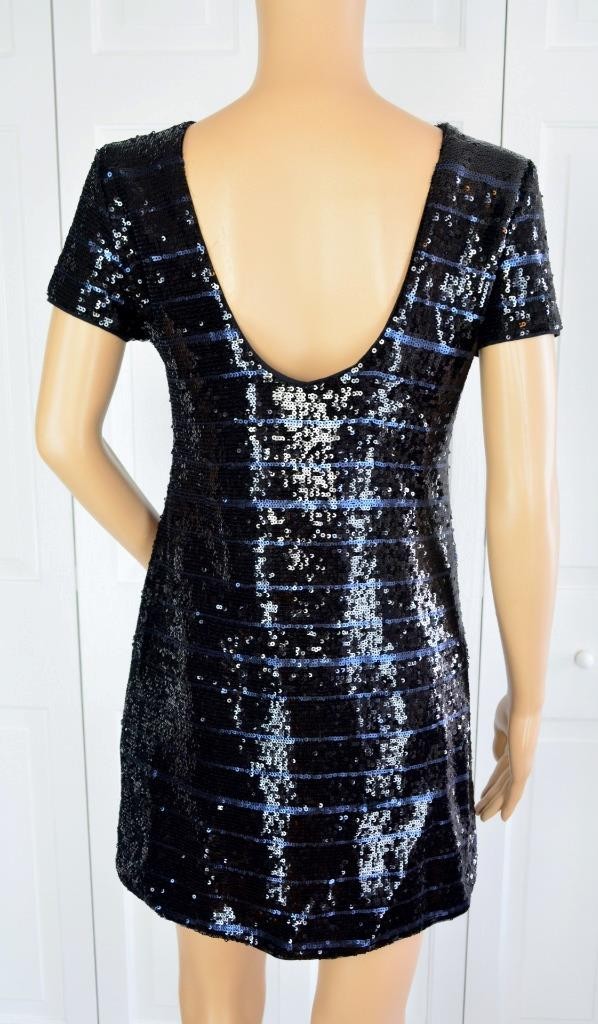 VTG 90s Mini Black Blue Sequin Scooped Back Gatsby Flapper Party Cocktail Dress