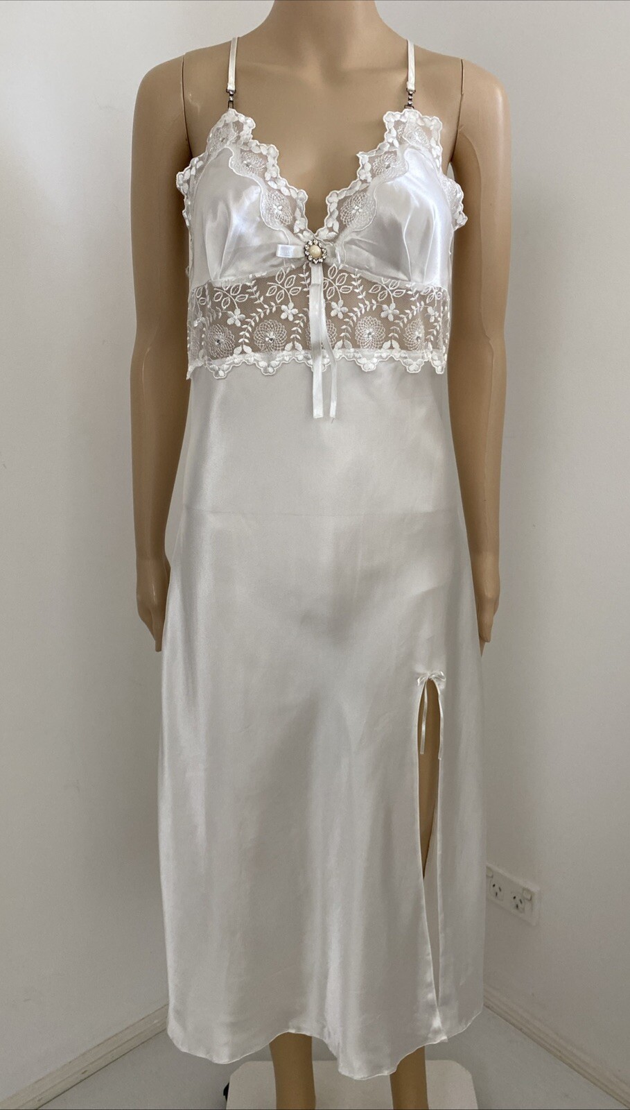 Vintage Espaur XXS-XS / 6-8 Bridal Nightie Negligee Set White Satin Floral Lace