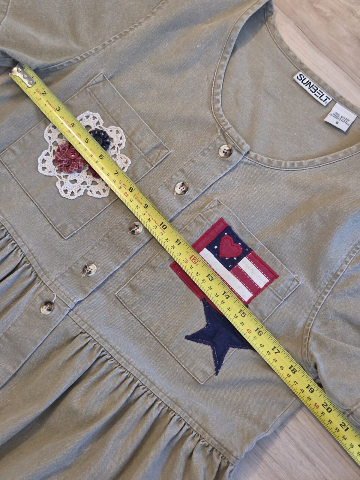 Vintage SUNBELT American Flag Patriotic Denim Dress Women’s Size S Sage Cotton