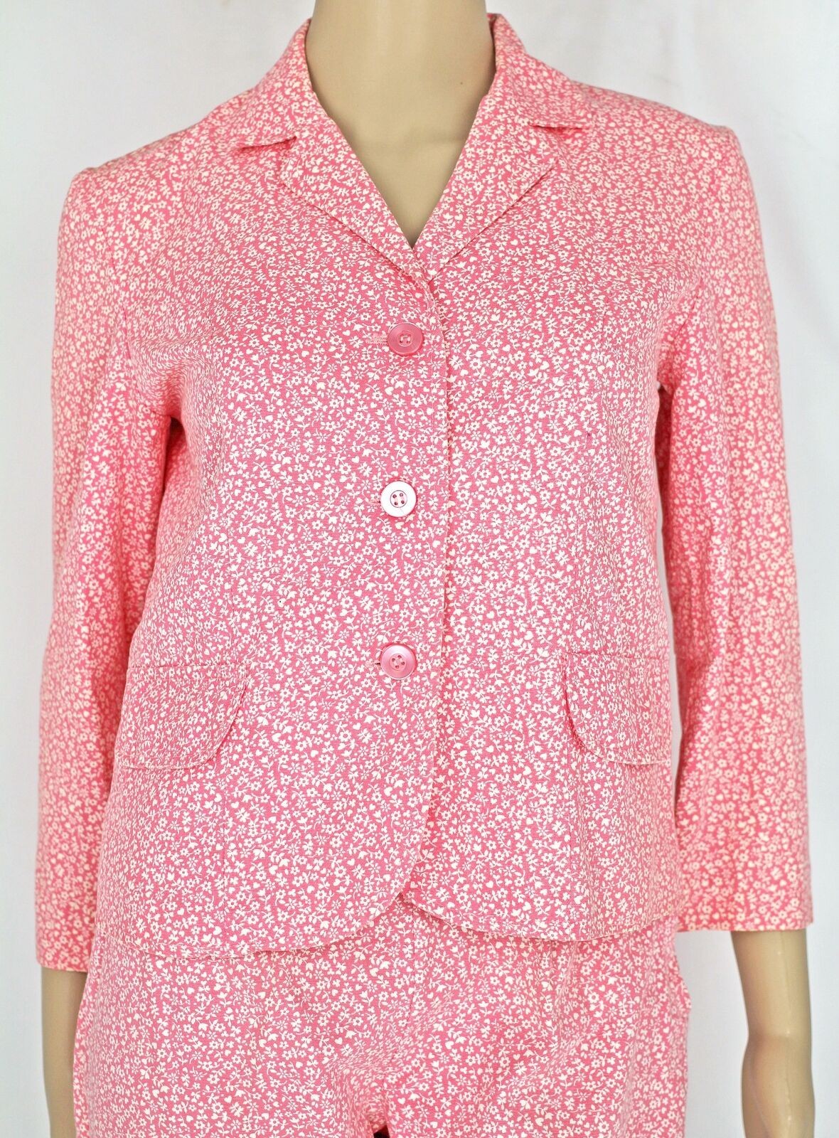 60s Vintage Regal Crop Pant 3/4 Sleeve Jacket Suit Set, Pink Floral Cotton, XS 2