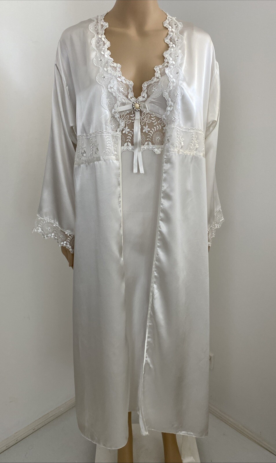 Vintage Espaur XXS-XS / 6-8 Bridal Nightie Negligee Set White Satin Floral Lace