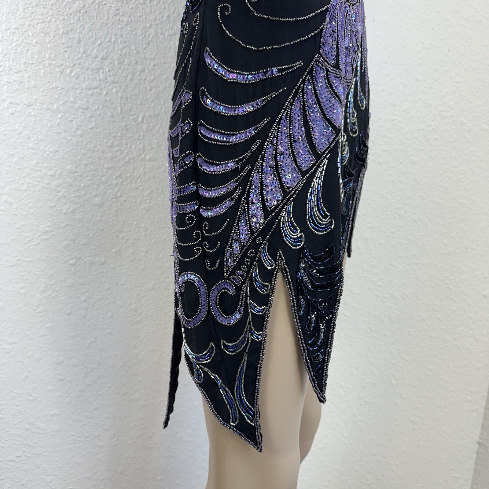 Vtg Fully Beaded Sequin Silk Mini Dress Tunic Peacock Great Gatsby Dancer M