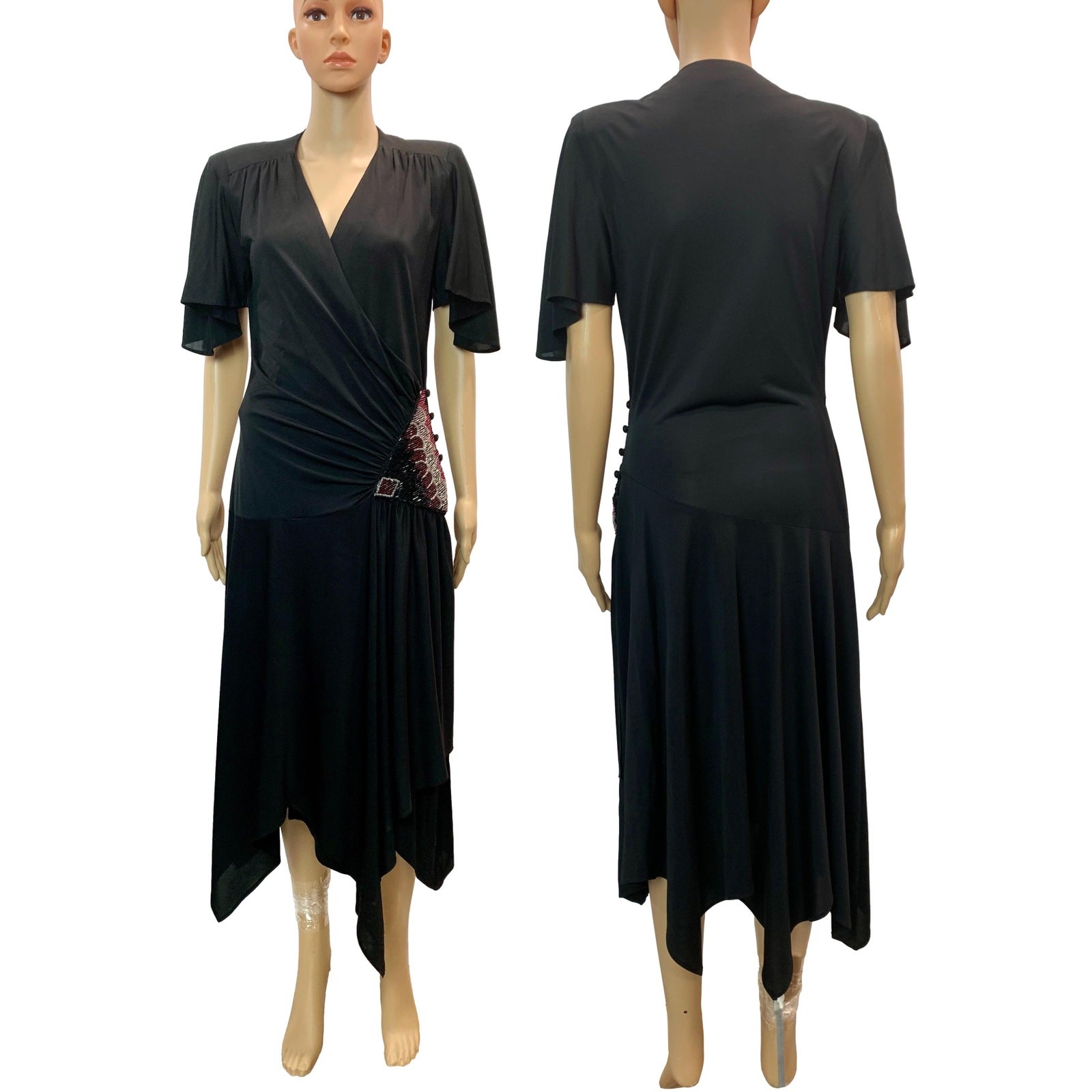 Vintage Vijack Black Beaded Wrap Dress | Nancy Bracoloni 70s 80s Scarf Hem | S