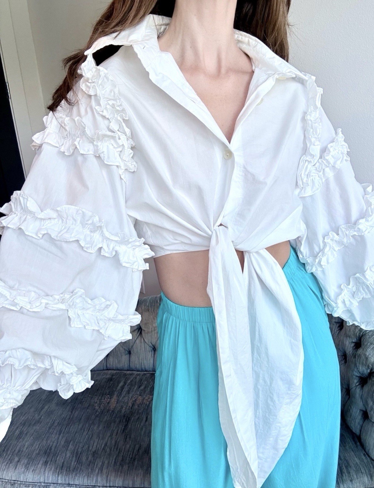Celia Tejada Vintage 90s 80s White Cotton Pirate Blouse Ruffle Sleeve Small USA