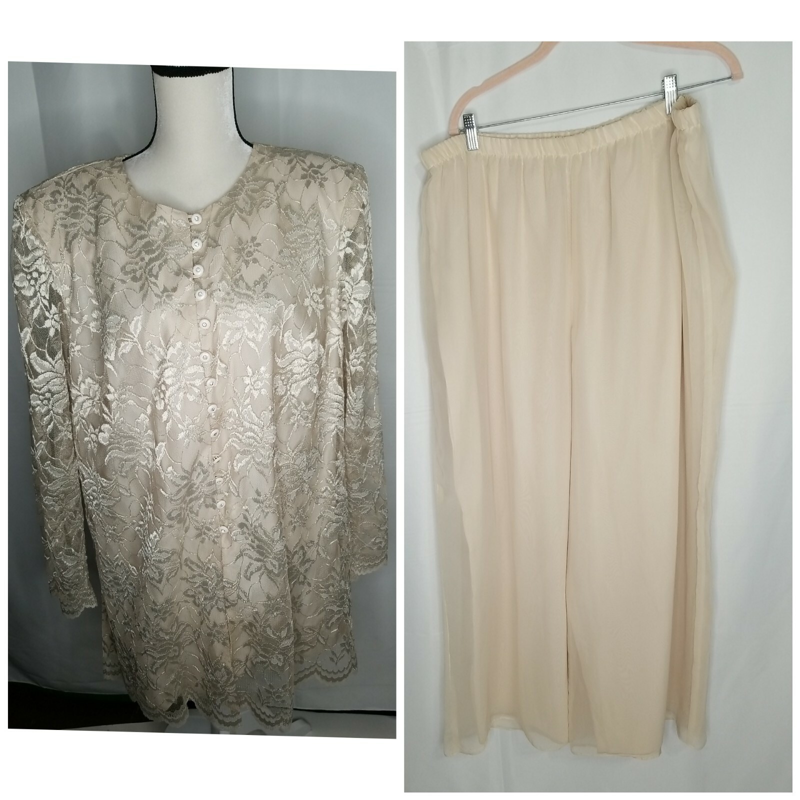 Vintage 60s David Rose midi-Pallazo Pantsuit Lacy Top USA Made. Cream 20W 2X