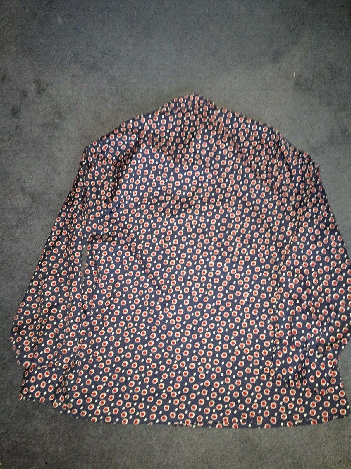 Womens Vintage BLOUSE THREE FLAGGS Navy and Red Polka Dot Pattern 21.25 Bust