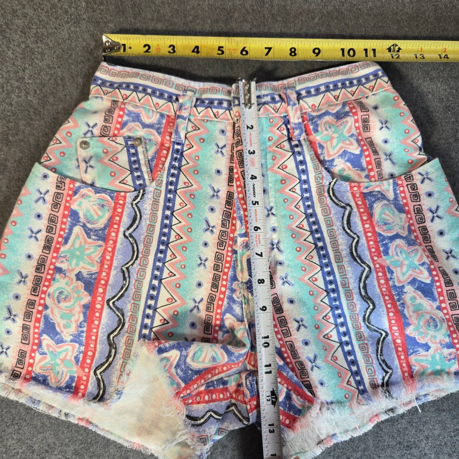 Vintage Mixed Blues 90s High Waist Tribal Print Denim Shorts Sz 5 Made in USA