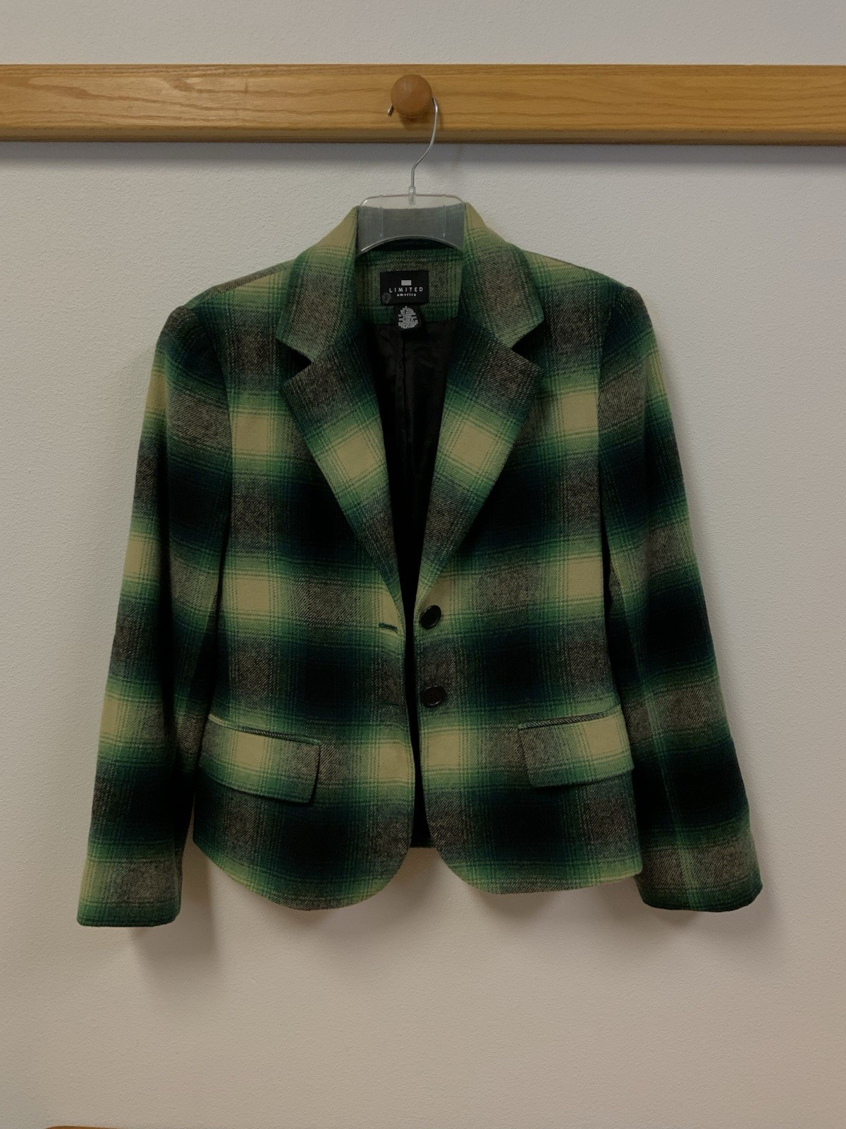 Vintage Green Plaid Wool Blend Limited America Womens Two Button Blazer Size 4