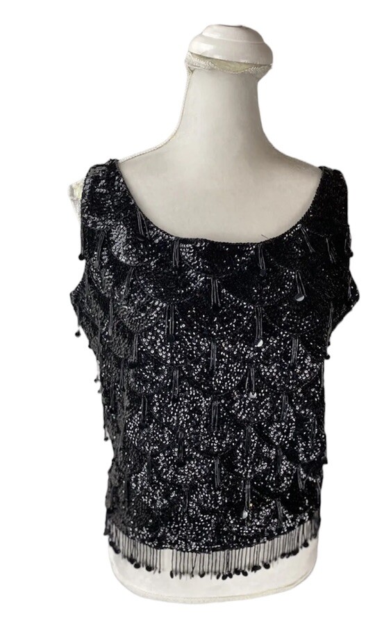 Vintage Black sequined Beaded top Size M made in british crown colony of HK