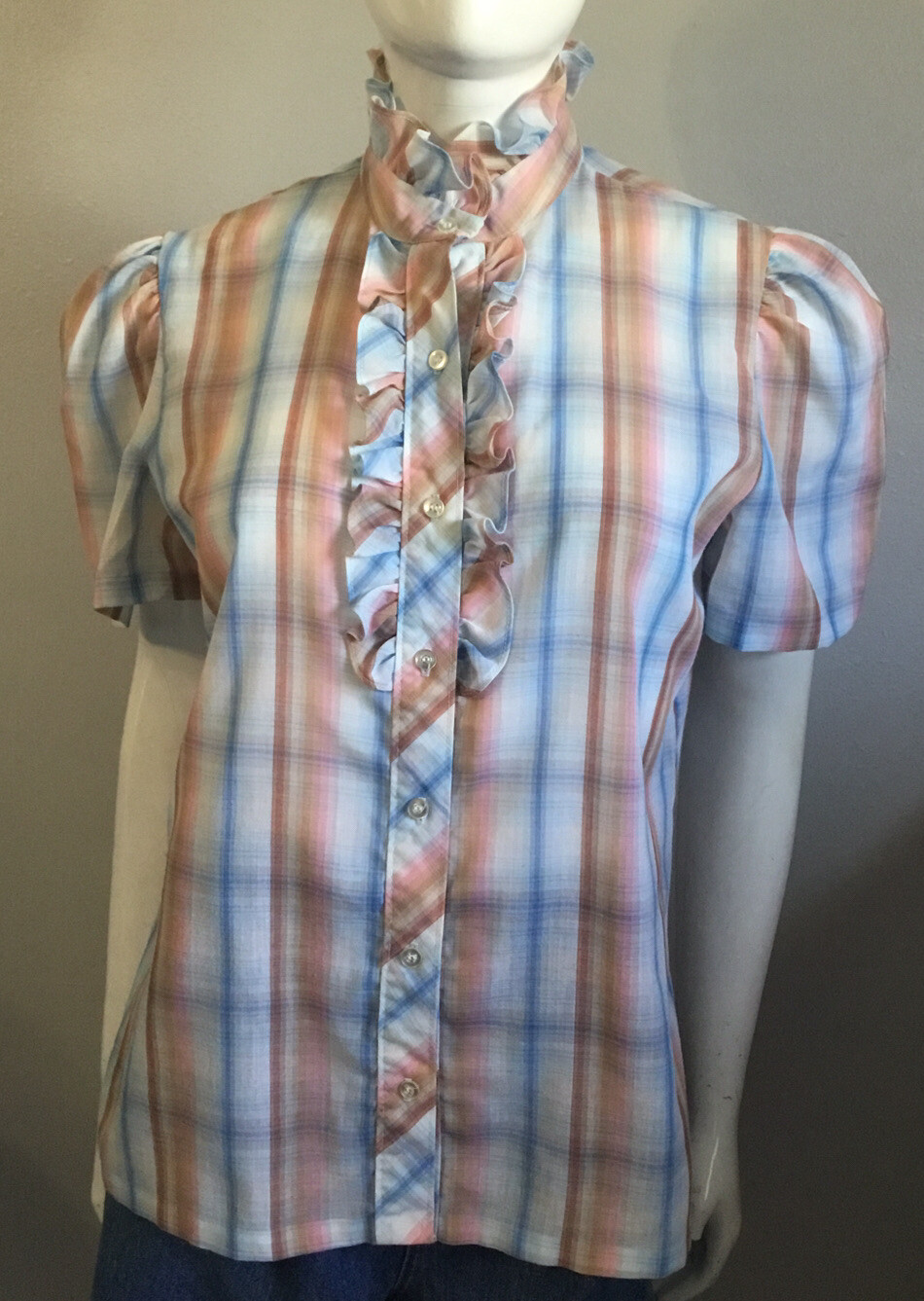Vintage 70’s 80’s Sheer High Neck Plaid Button Front Shirt Lucky Winner Size 14