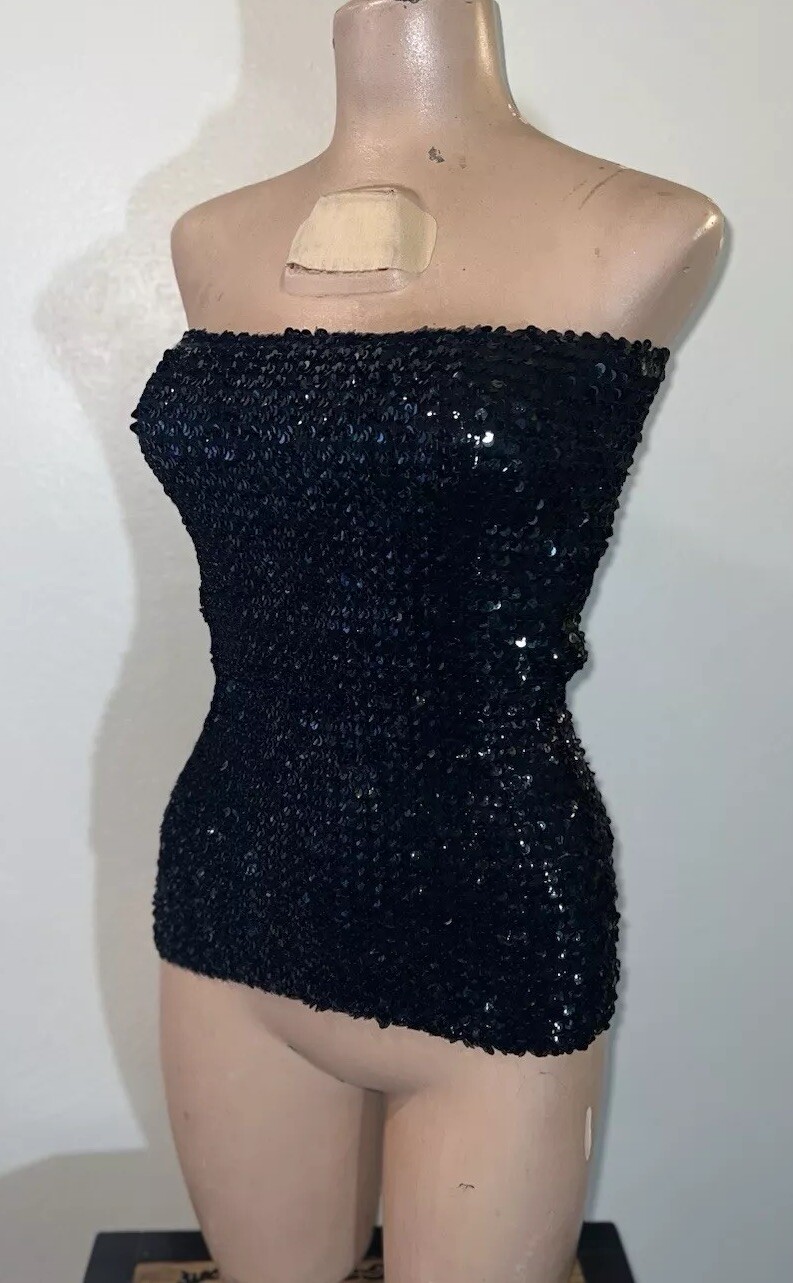 Vintage 1970-80’s Black Sequined Large Tube Top Strapless Sz S Disco