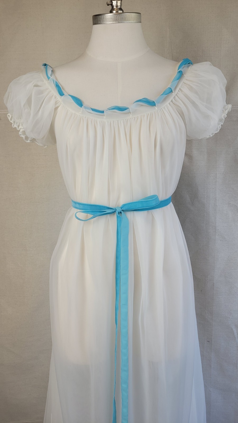 1960s exquisite sheer long white peignoir set with shirring & turquoise accents