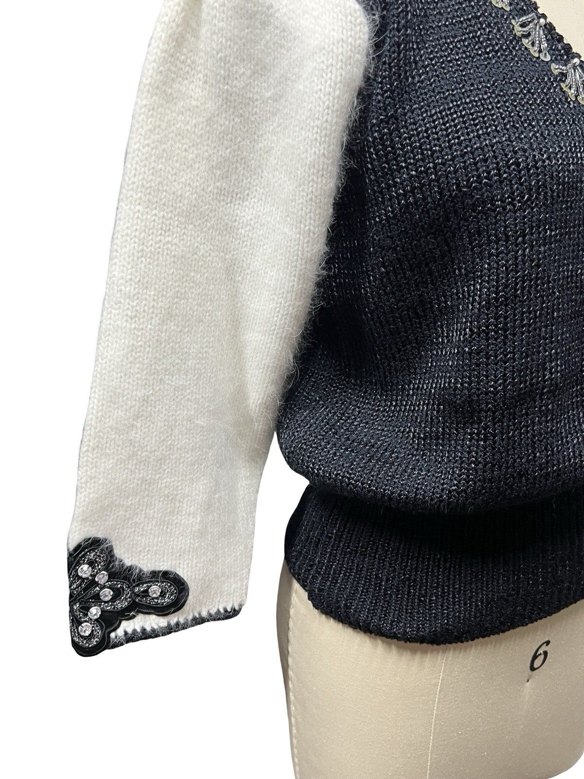 VTG 80s Rochelle Angora Sweater Beaded Sequin Collar Soft Fuzzy Black Cream Sz S