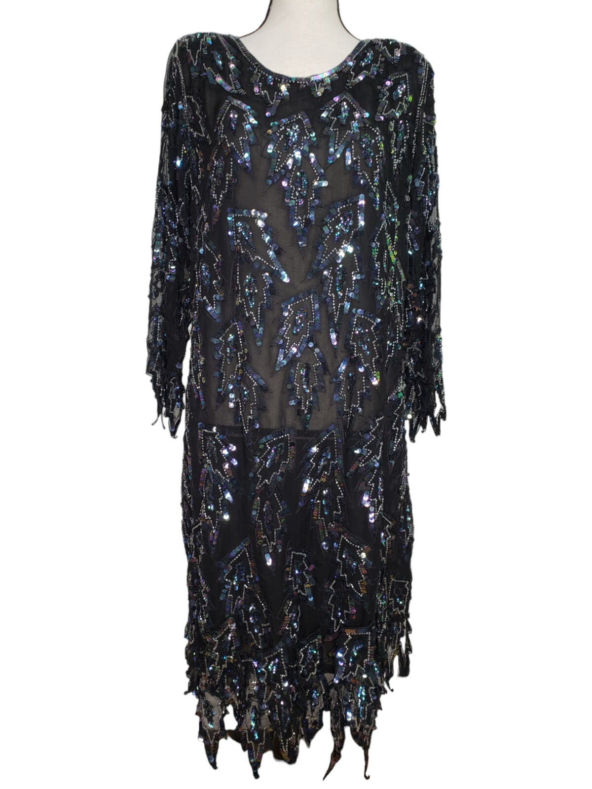 Vintage Shomax Dress Black Formal Beaded Sequined Large Silk Shark Bite Hem