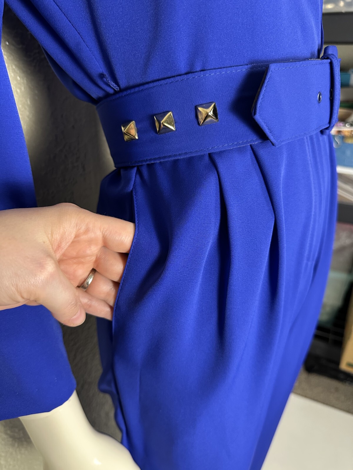 Vintage 1980s Ladies JOAN WALTERS Electric Blue Jumpsuit w/Studded Belt