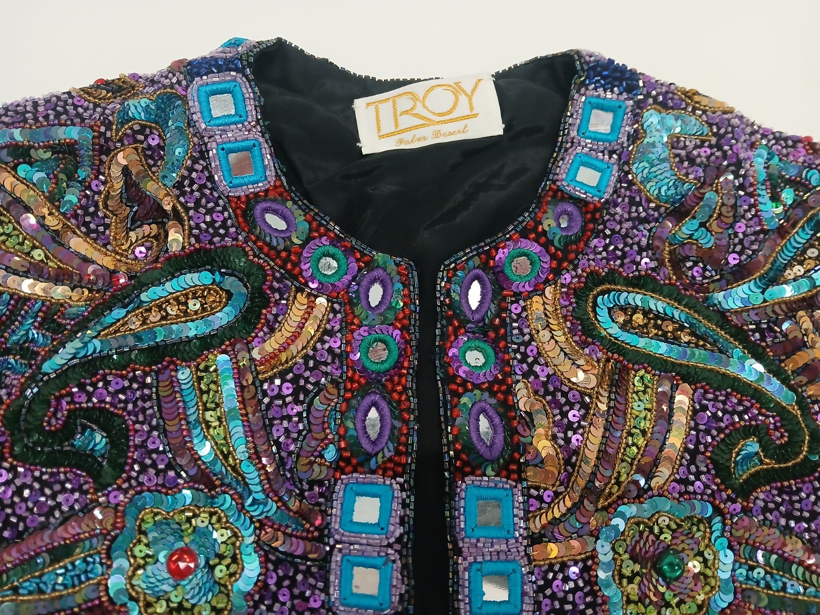 VTG Troy Trophy Bolero Jacket Cropped Beaded Sequin Mirror Art Wear Sz S Boho