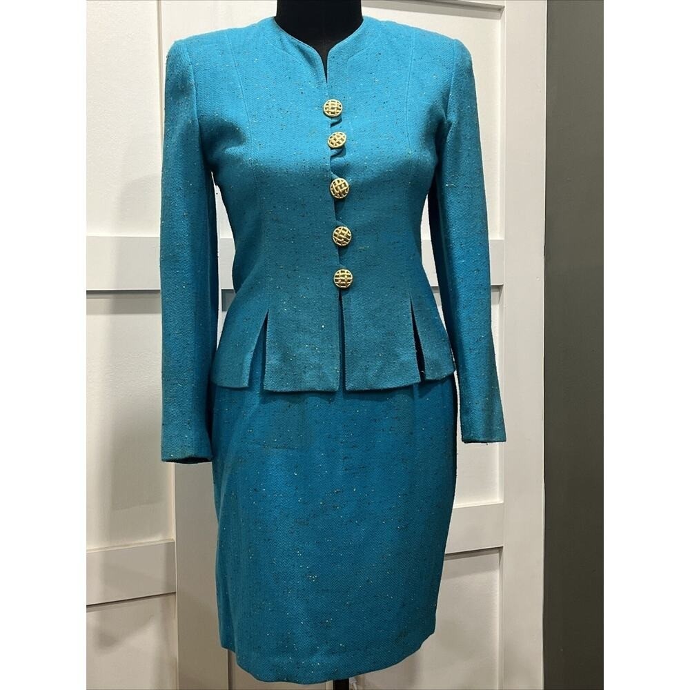 Vintage Teal Blue Herringbone Tweed Skirt Suit Set Gold Button Peplum Blazer