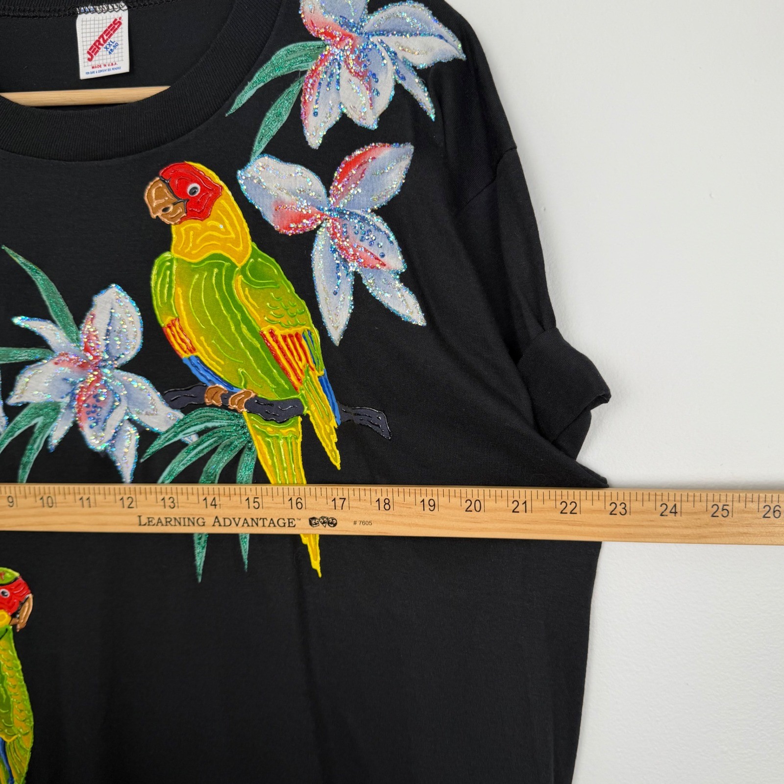 Vintage Jerzees Tropical Wearable Art Parrot Glitter T-Shirt Dress Black XXL 90s