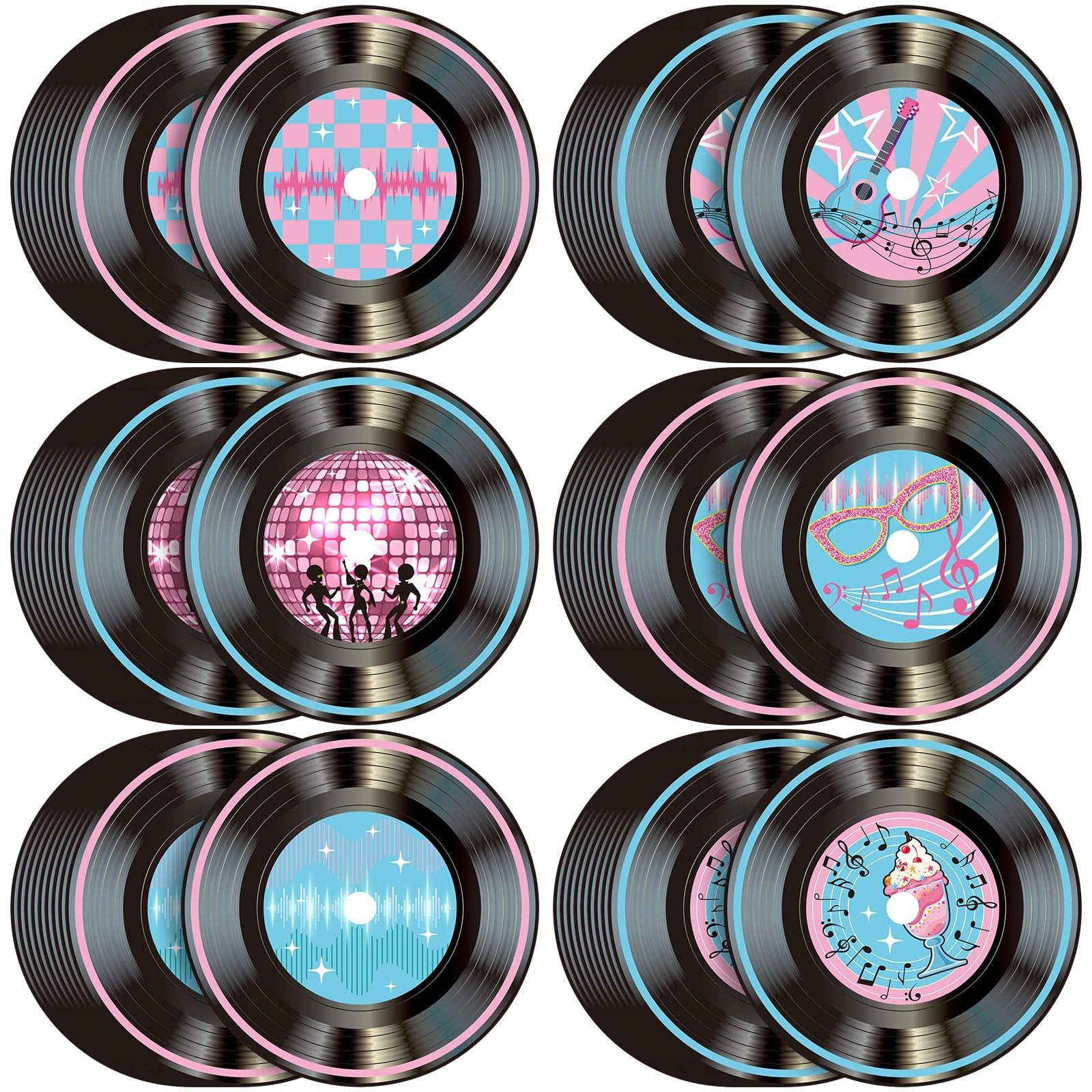 FillTouch 60 Pcs 13” 1950’s Rock and Roll Vinyl Record Placemat Vintage Musi…
