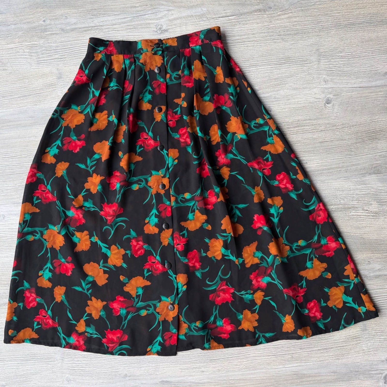 Vintage Studio C Floral Button Front Midi Skirt Black Red Orange Grannycore 12W