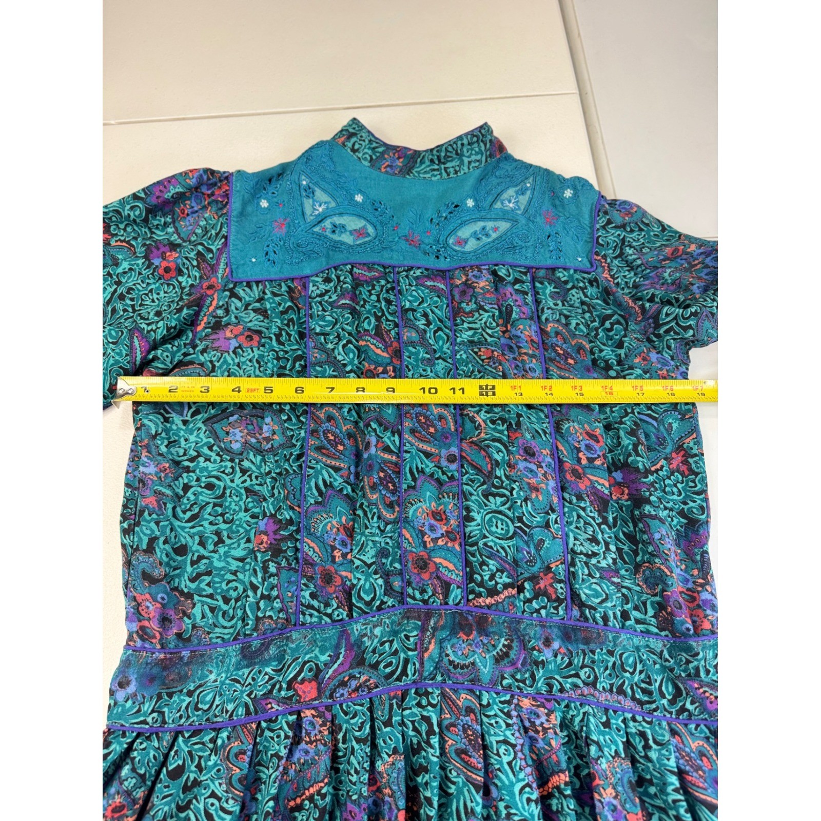 Vintage Phool Paisley Midi Dress Teal Purple Mock Neck Short Sleeve India M