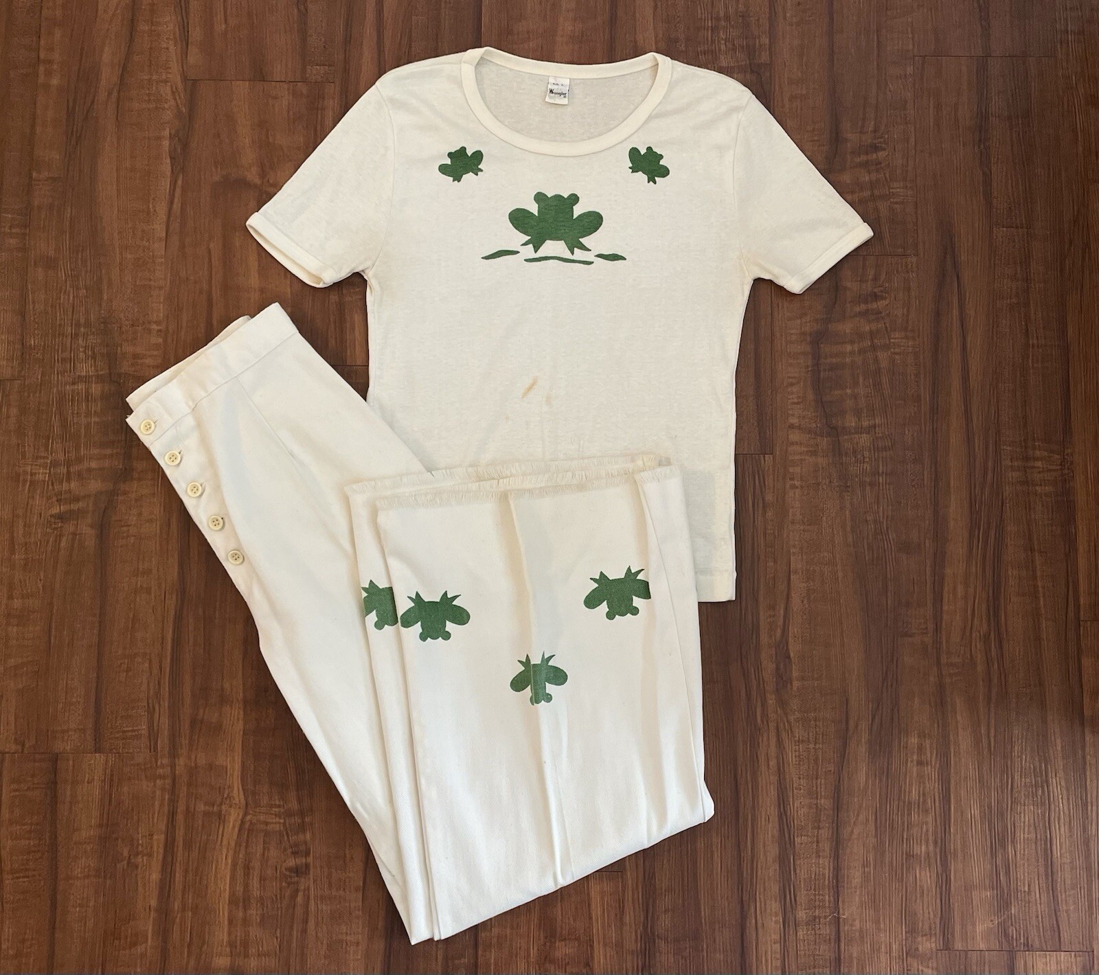 VTG 70s Lady Wrangler Frog Graphic Top Bell Bottom Set Boho Cottagecore Rare M