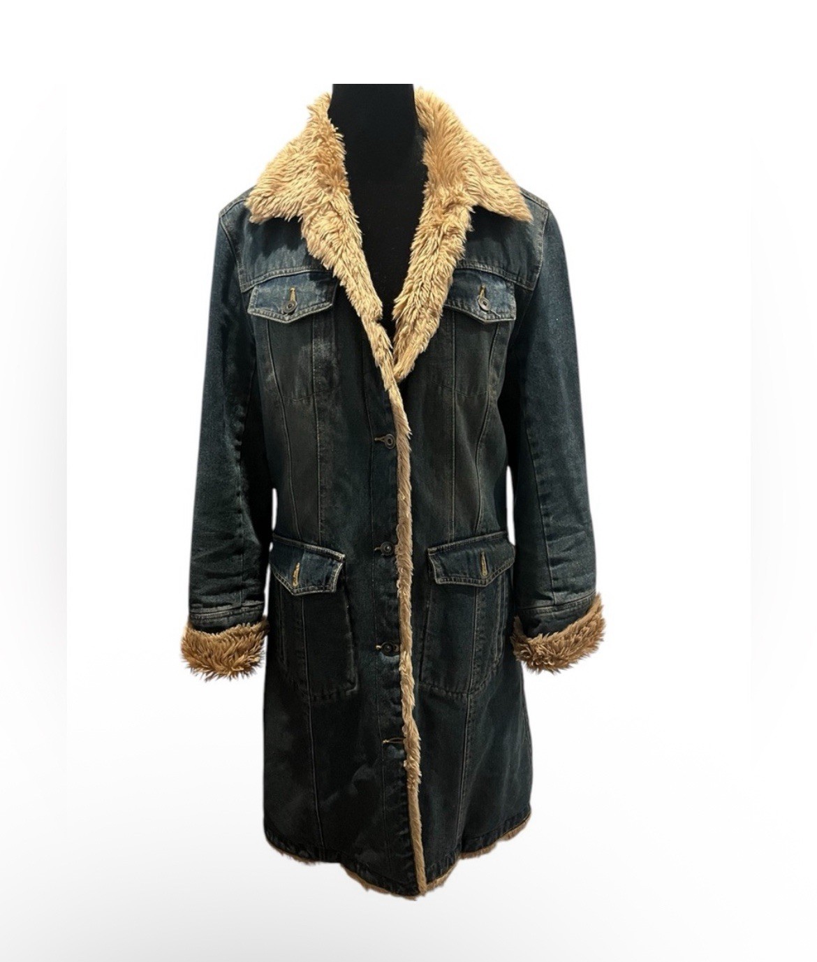 Vintage Wilsons House Of Suede Denim Faux Fur Lined Long Coat