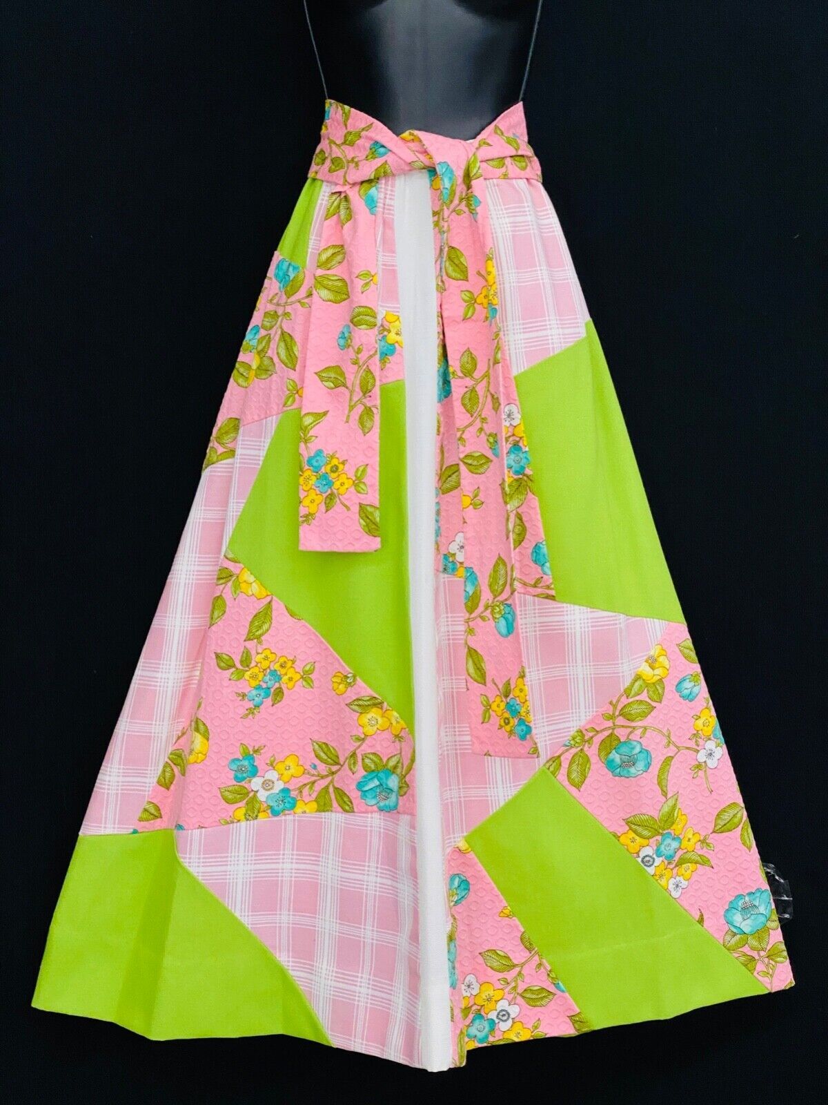 Vintage 1970s maxi skirt, A-line floral patchwork Chessa Davis pink green boho S
