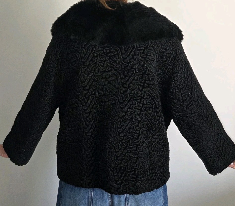Vtg Anthony Rao Coat M Black Curly Lambs Wool w Real Fur Collar 50s 3/4 Sleeve
